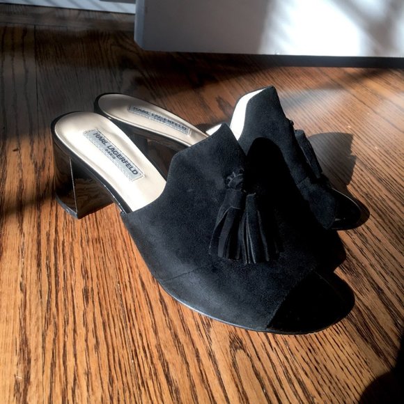 Karl Lagerfeld Paris Hettie Suede Mules sandal heels black 6 - Picture 4 of 15